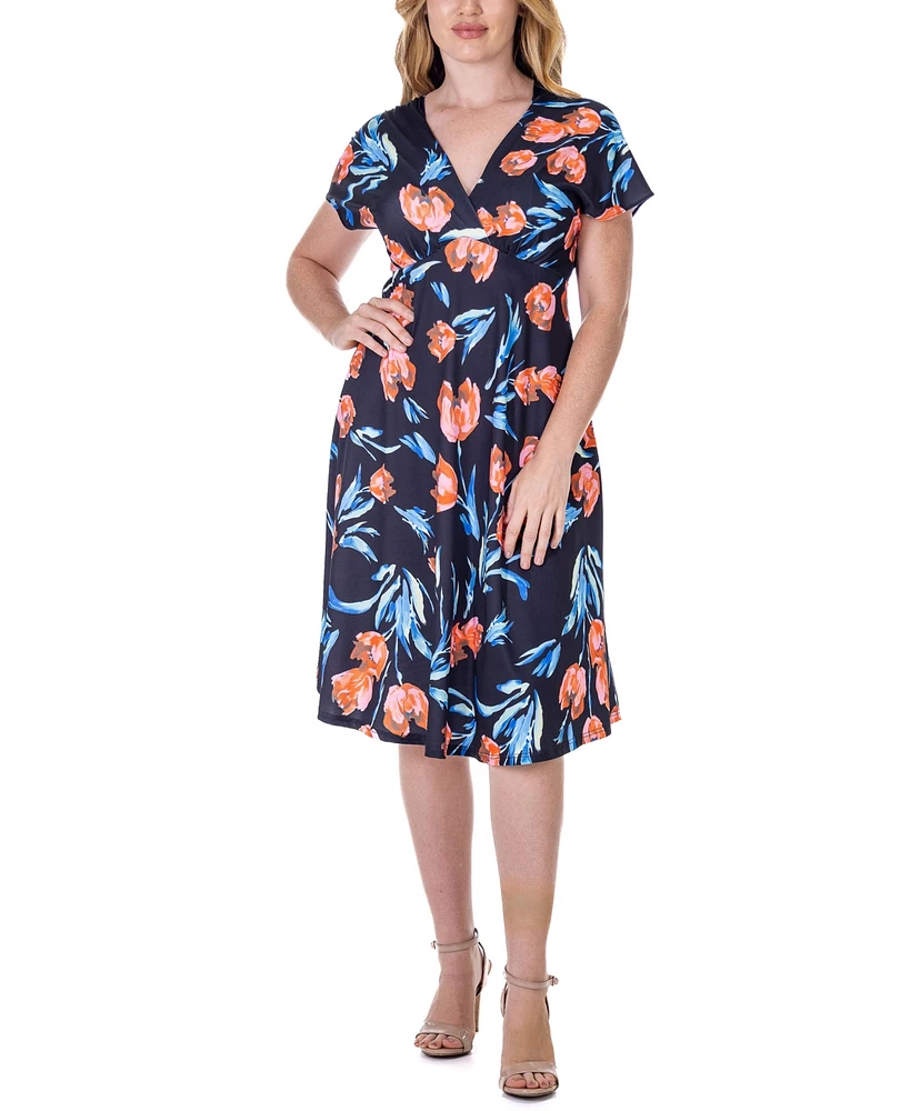 24seven Comfort Apparel Tulip Print V Neck Empire Waist Kimono Cap Sleeve Knee Length Dress