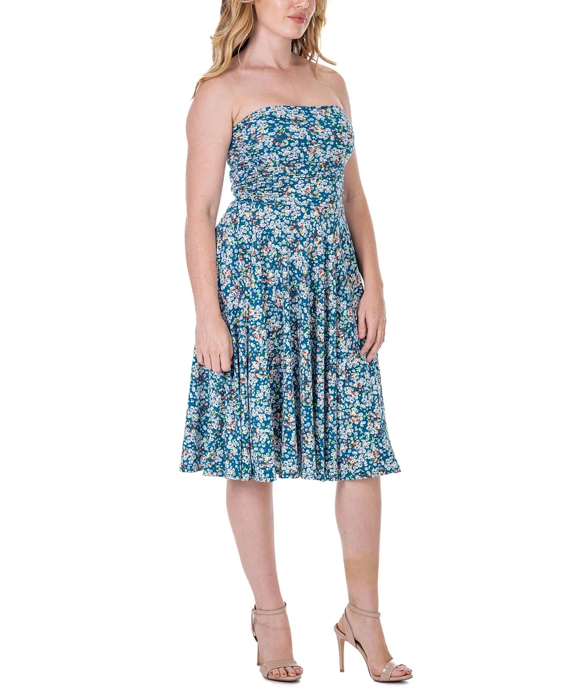 24seven Comfort Apparel Teal Floral Strapless Tube Top Flowy Knee Length Dress