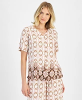 Jm Collection Women's Printed V-Neck Short-Sleeve Top, Created for Macy's
