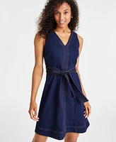 Anne Klein Women's V-Neck Sleeveless Tie-Waist Denim Dress