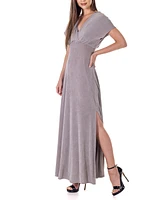 24seven Comfort Apparel Flutter Sleeve Metallic Knit Maxi Dress