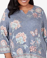 Alfred Dunner Plus Scottsdale Floral Border Split Neck Top