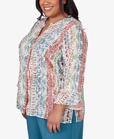 Alfred Dunner Plus Size Sedona Sky Vertical Button-Down Stripe Top