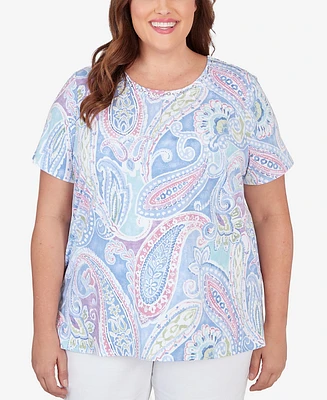 Alfred Dunner Plus Pleated Crew Neck Paisley Short Sleeve Tee