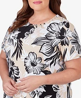 Alfred Dunner Plus Pleated Neck Bold Floral Short Sleeve Tee