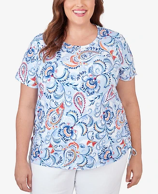 Alfred Dunner Plus Drawstring Hem Jacobean Short Sleeve Tee