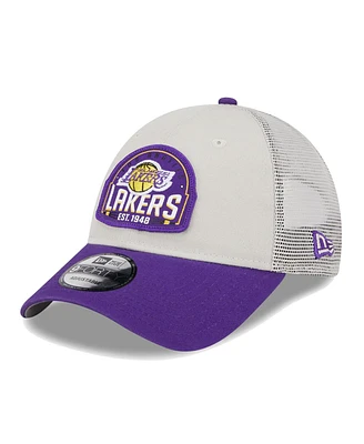 New Era Men's Khaki/Purple Los Angeles Lakers Throwback Patch Trucker 9Forty Adjustable Hat