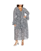 City Chic Plus Plunge Frill Print Maxi Dress