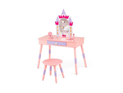 Slickblue Kids Princess Vanity Table and Stool Set with Drawer and Mirror-Pink