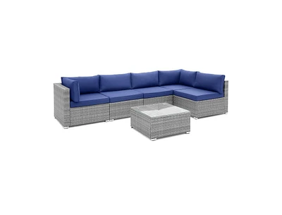 Slickblue 6 Piece Patio Conversation Sofa Set with Tempered Glass Coffee Table-Navy