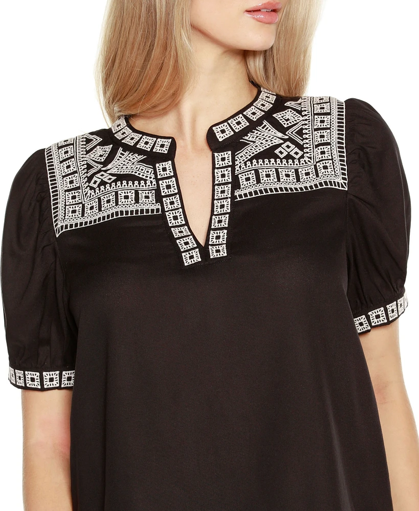 Belldini Women's Embroidered Boho Short Sleeve Top