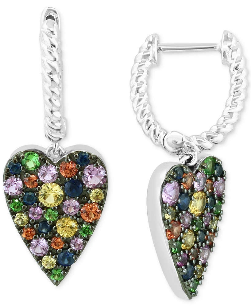 Effy Multi-Sapphire (1-3/8 ct. t.w.) & Tsavorite (1/8 ct. t.w.) Heart Dangle Hoop Earrings in Sterling Silver