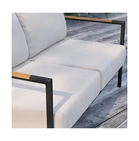 Eastport Outdoor Loveseat With Removable Plush Fabric Cushions And Teak Accented Aluminum Frame