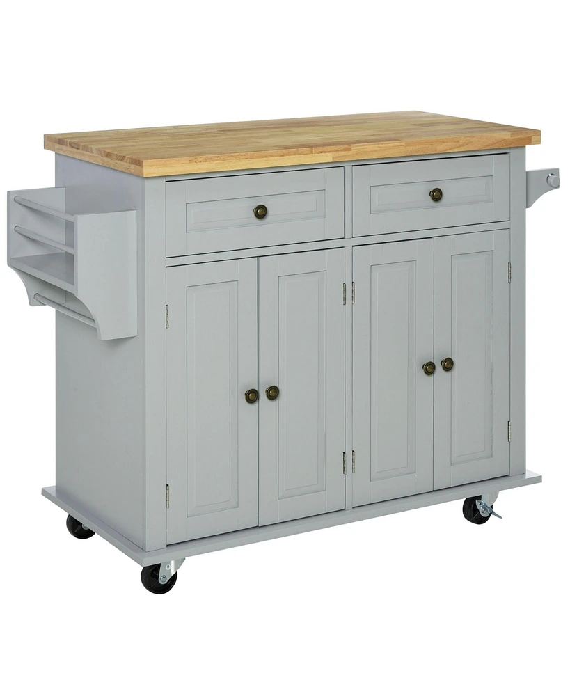 Homcom Rolling Kitchen Island Cart with Rubber Wood Top, Spices, and Towel Rack