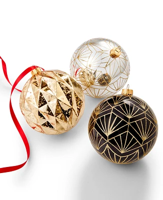 Holiday Lane Shine Bright Set of 3 Black and Gold Decorated Shatterproof Ornaments, Created for Macy's