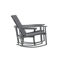 Brevyn 3 Piece Outdoor Bistro Set With Flex Comfort Rocking Chairs And Steel Framed Glass Top Table