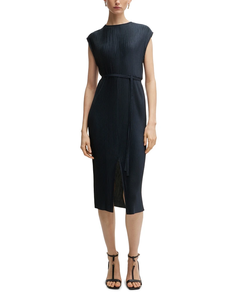 Boss by Hugo Women's High-Shine Plisse Belted Sleeveless Dress