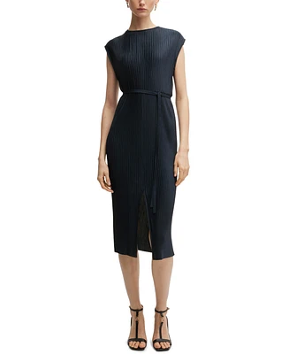 Boss by Hugo Women's High-Shine Plisse Belted Sleeveless Dress