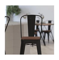 Merrick Lane Donnelly Metal Dining Stool With Curved Slatted Back And Textured Wood Seat