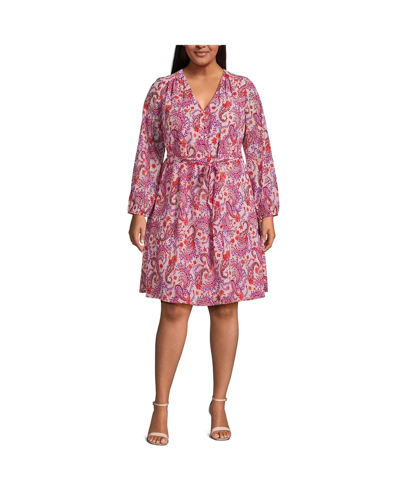 Lands' End Plus Size Chiffon Long Sleeve Fit and Flare Dress