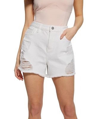 Guess Women's High Rise Distressed Relaxed Denim Shorts