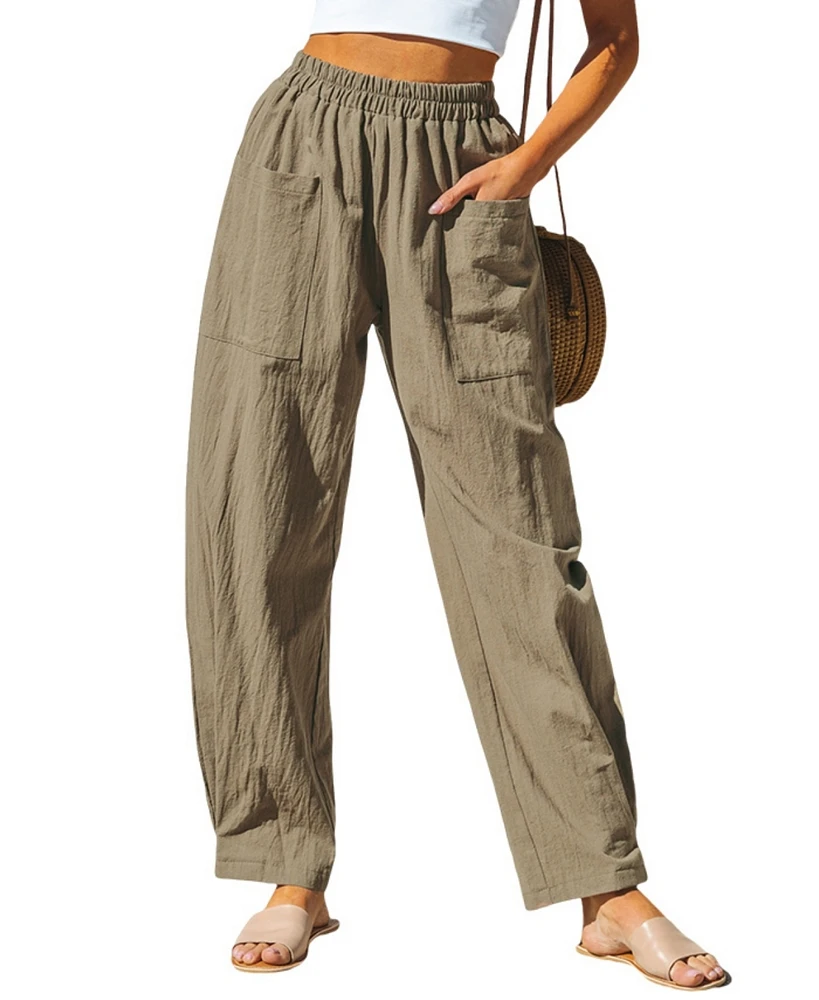 Cupshe Women's Khaki Elastic Waist Patch Pocket Tapered Leg Pants