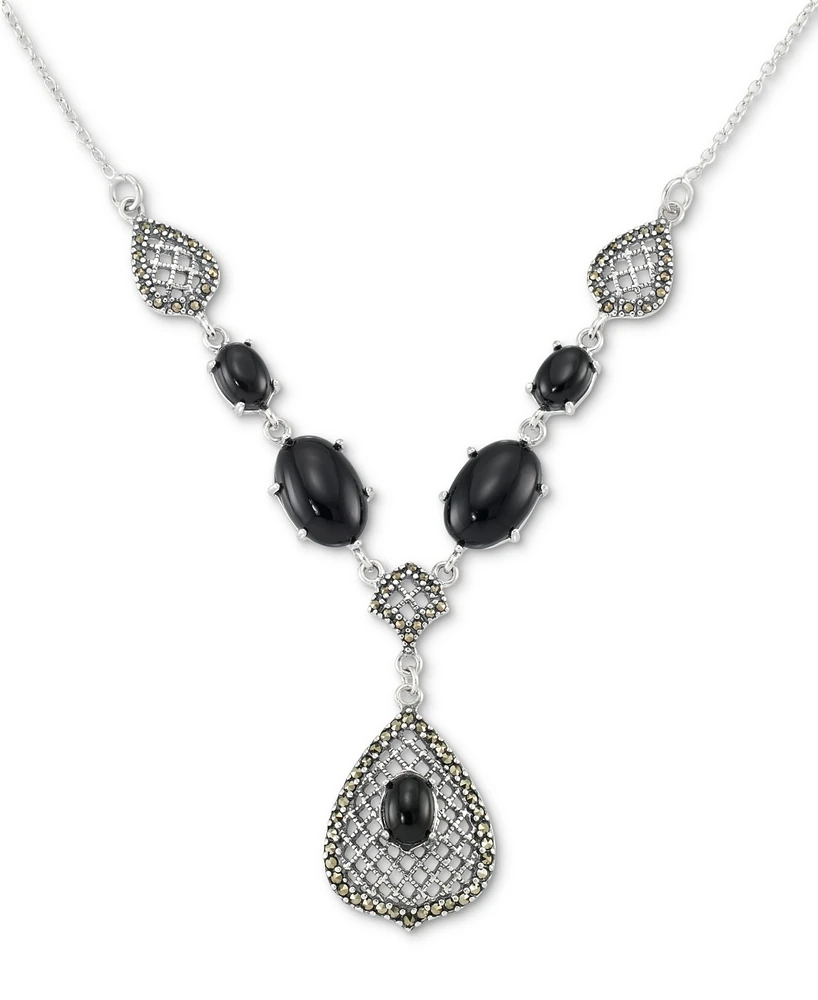 Onyx & Marcasite (1/2 ct. t.w.) Teardrop Pendant Necklace in Sterling Silver, 18" + 2" extender