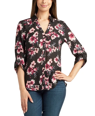 Bcx Juniors' Floral-Print Button-Front Roll-Tab-Sleeve Shirt