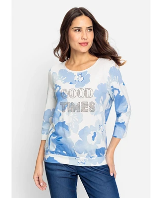 Olsen Women's Cotton Blend 3/4 Sleeve Embellished T-Shirt