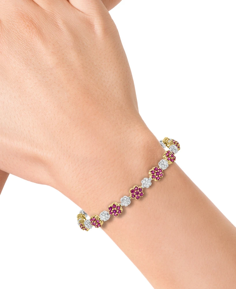 Effy Ruby (4-1/8 ct. t.w.) % Diamond (1-1/10 ct. t.w.) Flower Link Bracelet in 14k Two-Tone Gold