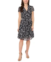 Msk Petite Collared Printed Chiffon Fit & Flare Dress