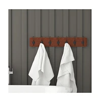 Enid 34 Inch Wall Mount Pine Wood Storage Rack With Hanging Hooks, Entryway, Kitchen, Bathroom