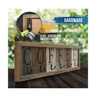 Rustic Coffee Mug Rack Wall Mounted, Printed Coffee Sign - 6 Coffee Cup Hooks - Wooden Coffee Mug Organizer - Distressed Coffee Rack Sign (31.5")