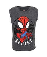 Marvel Boys Spidey and His Amazing Friends T-Shirt Tank Top French Terry Shorts 3 Piece Outfit Set Black/ Red/ Grey