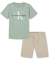 Calvin Klein Little Boys Cotton Short-Sleeve Solid Logo T-Shirt & Twill Shorts, 2 Piece Set