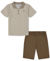 Calvin Klein Toddler Boys Cotton Striped Jersey Polo Shirt & Twill Shorts, 2 Piece Set