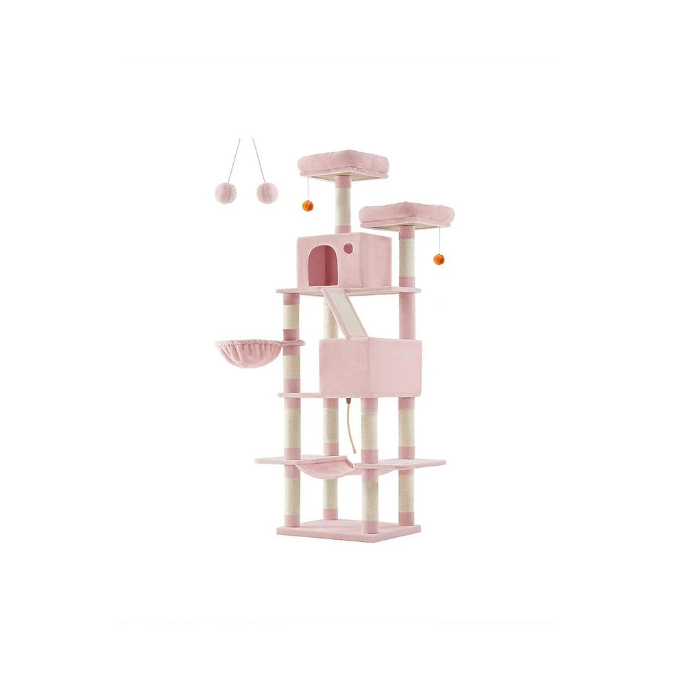 Slickblue Cat Tree, Cat Tower, Tall Cat Condo with Hammock, Basket, Scratching Posts, 2 Cat Caves, 2 Plush Perches, Cat Activity Center