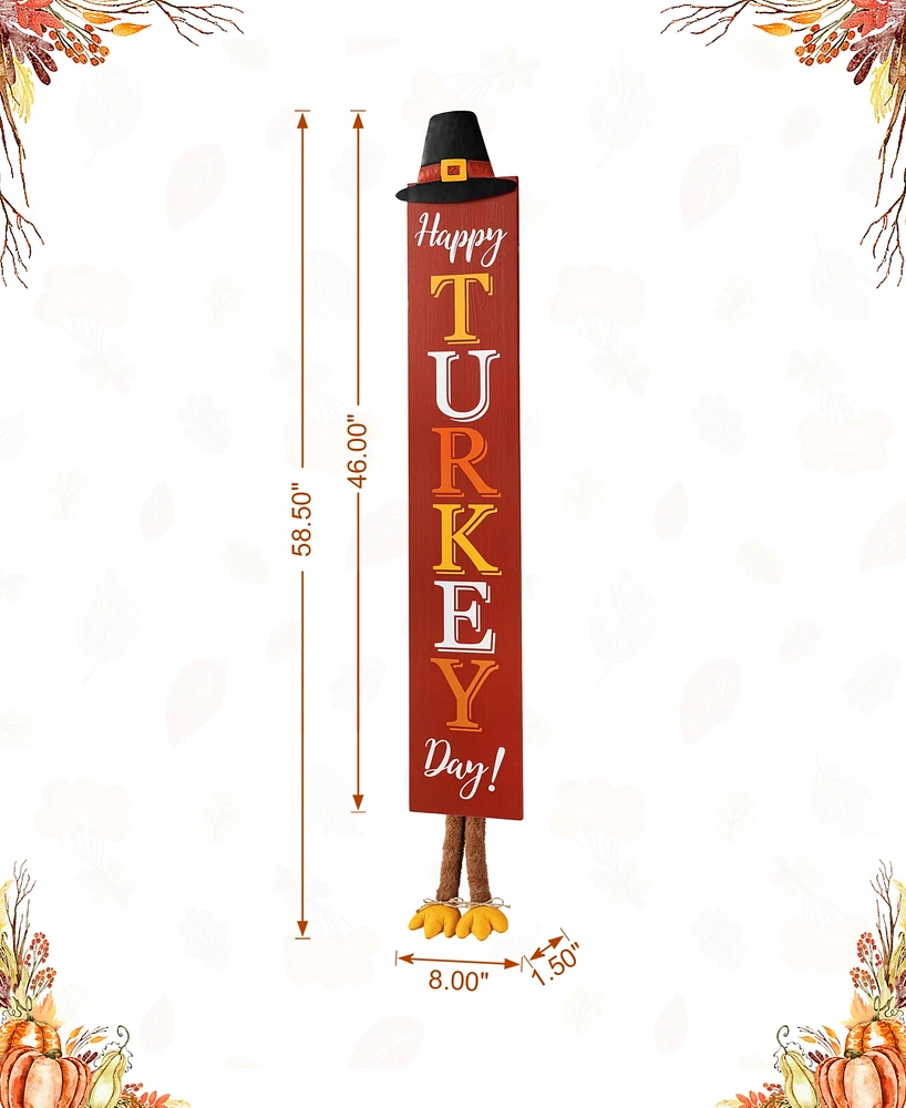 Glitzhome 58.5"H Thanksgiving Wooden "Happy Turkey Day" Porch Sign with Fabric Dangling Legs