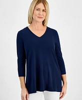 Jm Collection Petite V-Neck 3/4-Sleeve Swing Top, Created for Macy's