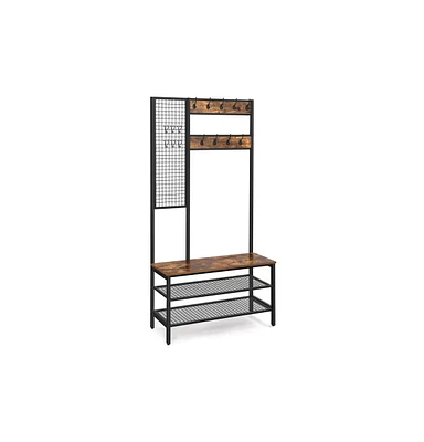 Slickblue Industrial Coat Rack Shoe Bench With Grid Wall