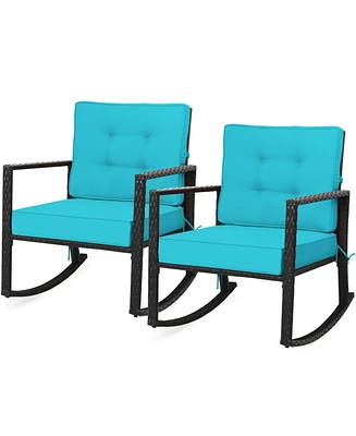 Gymax 2PCS Outdoor Wicker Rocking Chair Patio Rattan Single Chair Glider w/ Turquoise Cushion