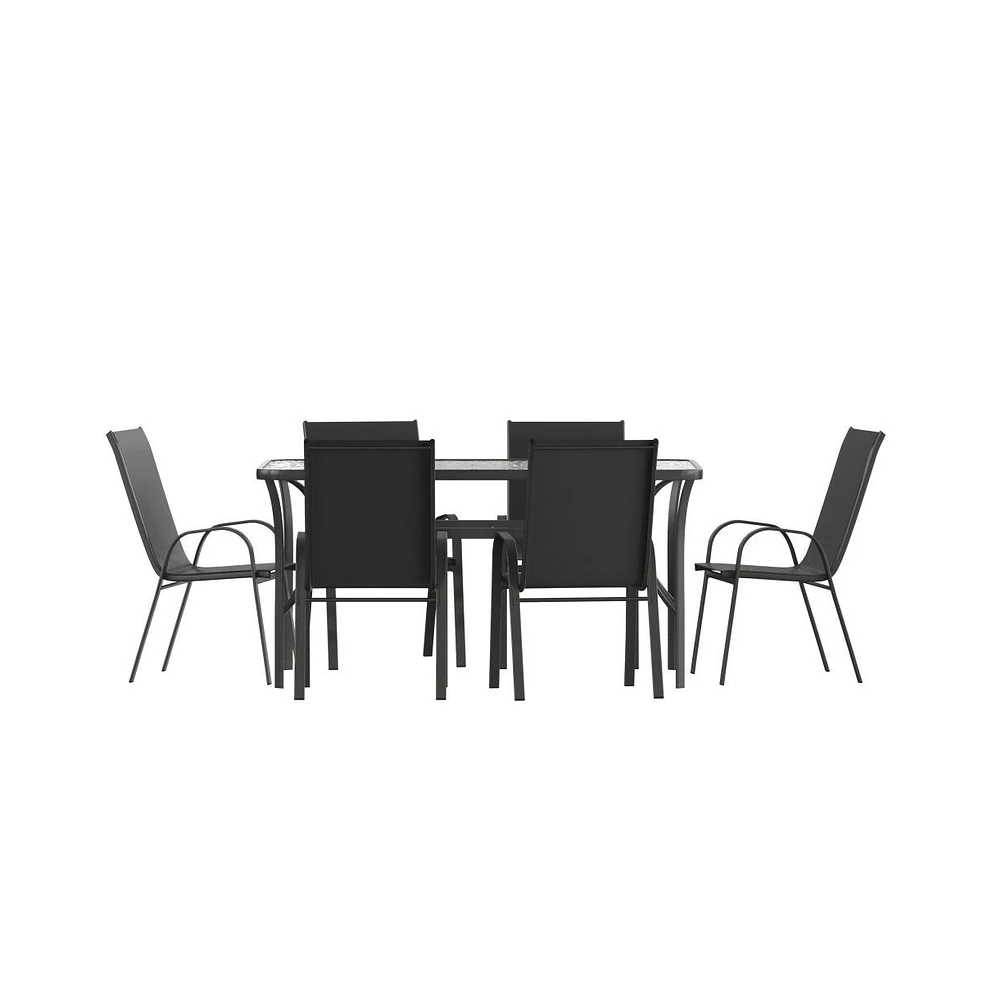 Merrick Lane Bardwell 7 Piece Outdoor Dining Table Set For 6 With Glass-Top Patio And Stack Chairs Flex Comfort Material