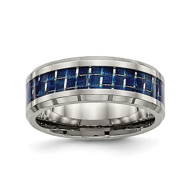 Chisel Titanium Blue Carbon Fiber Inlay Beveled Edge Wedding Band Ring
