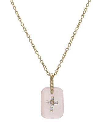 Rose Quartz (1-1/5 ct. t.w.) & Lab Grown White Sapphire (1/20 ct. t.w.) Cross Dog Tag Pendant Necklace in 14k Gold