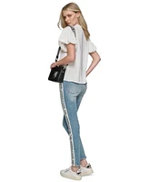 Karl Lagerfeld Paris Womens V Neck Puff Sleeve Blouse Contrast Logo Taping Jeans