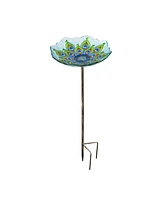 Evergreen Peacock Glass Bird Bath with Metal Stake