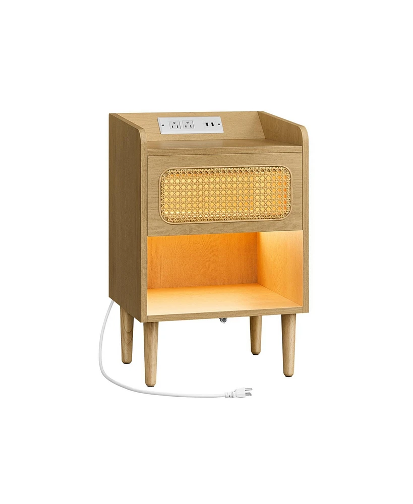 Slickblue Nightstand with Charging Station, Motion Sensor Lights, Rattan-Like Side End Table