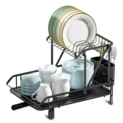 Sugift 2-Tier Collapsible Rust-proof Dish Rack with Removable Drip Tray