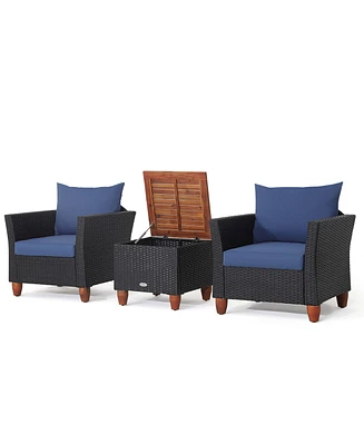 Gymax 3PCS Patio Rattan Conversation Set Outdoor Furniture Set w/ Navy Cushions