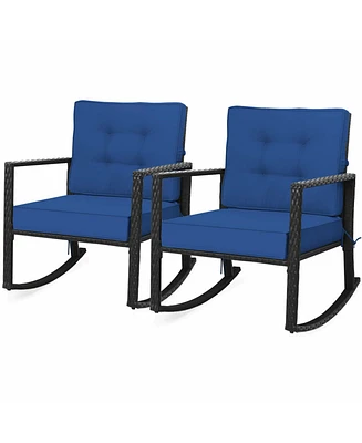 Gymax 2PCS Outdoor Wicker Rocking Chair Patio Rattan Single Chair Glider w/ Navy Cushion